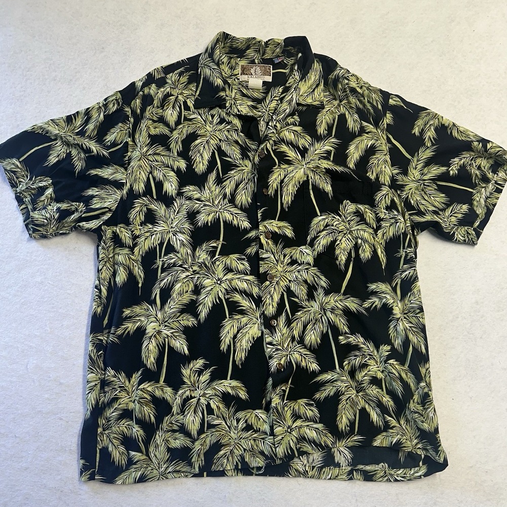 Kalaheo Shirt Mens Large Black Green Palm Tree Hawaiian Aloha Made in Hawaii USA